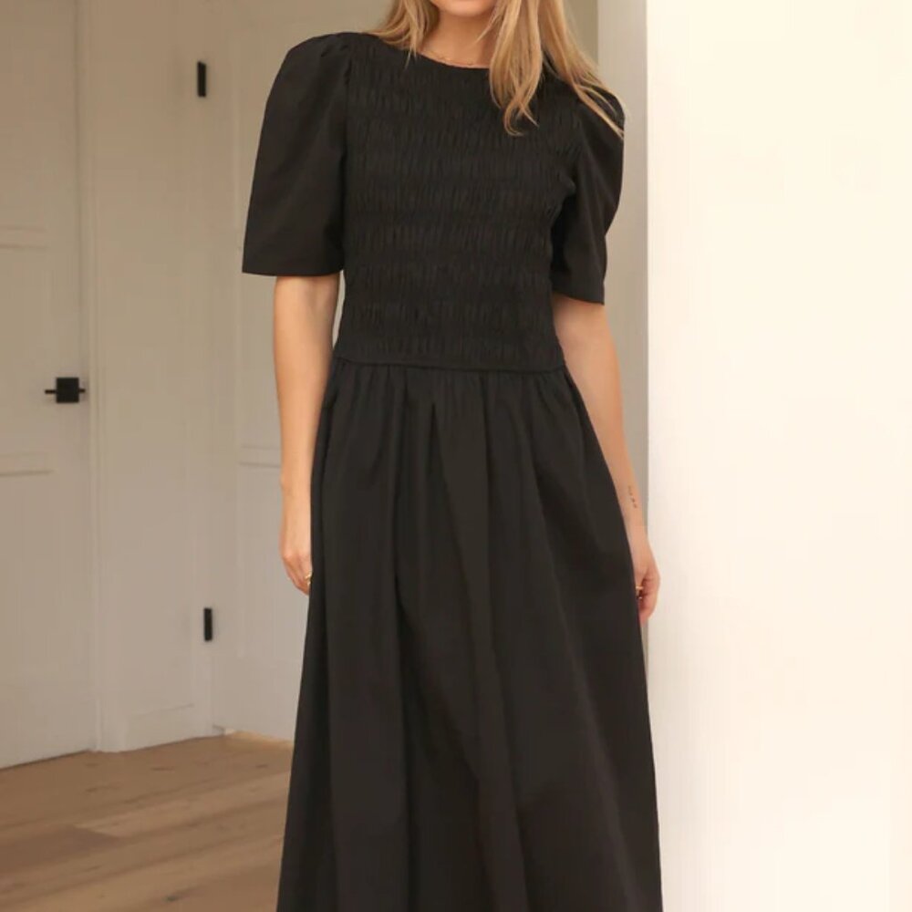 Greylin Kia Smocked Bodice Poplin Black Midi Dress
